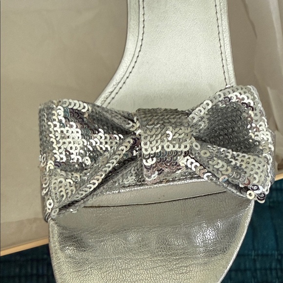 Michael Michael  Kors Silver Sequin Bow Ankle-Strap Heels In Box - Picture 3 of 5